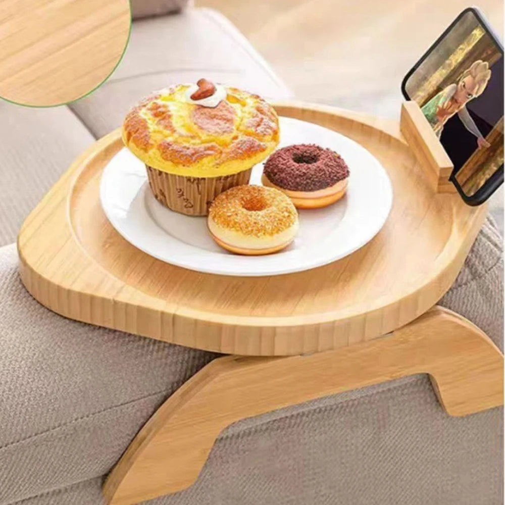 Bamboo and wood sofa armrest tray fruit Dim sum tray with mobile phone support