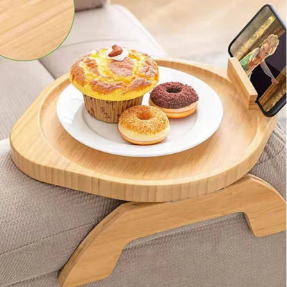 Bamboo and wood sofa armrest tray fruit Dim sum tray with mobile phone support