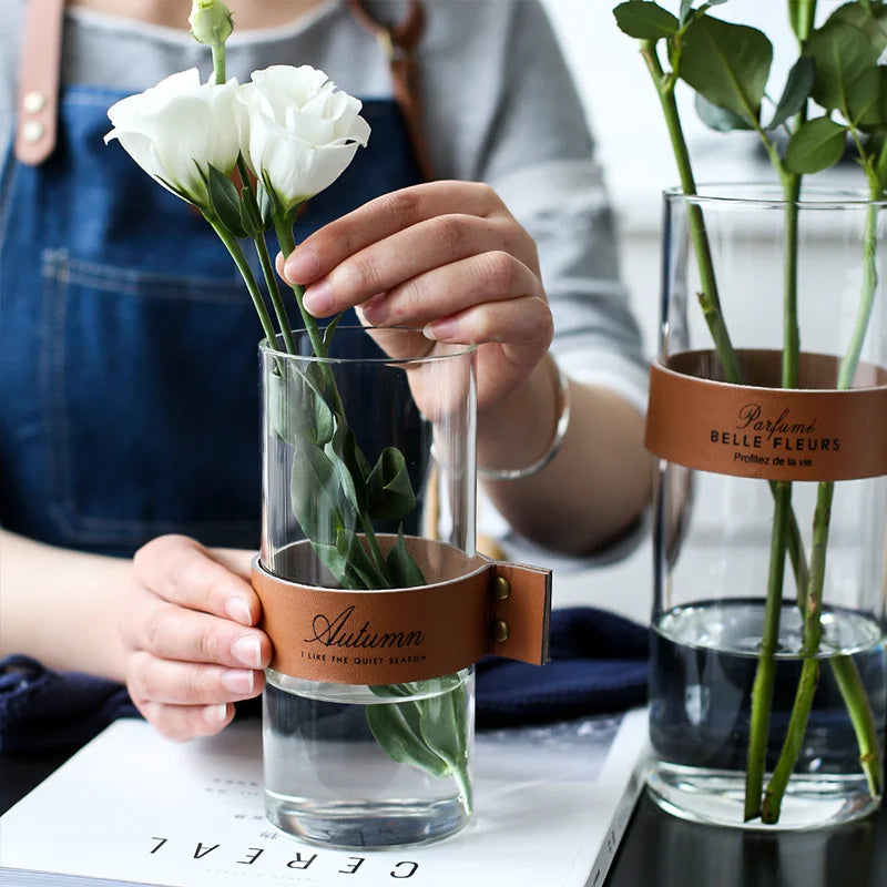 Nordic Leather Cylinder Transparent Glass Flower