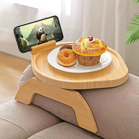 Bamboo and wood sofa armrest tray fruit Dim sum tray with mobile phone support