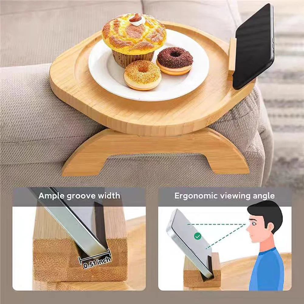 Bamboo and wood sofa armrest tray fruit Dim sum tray with mobile phone support