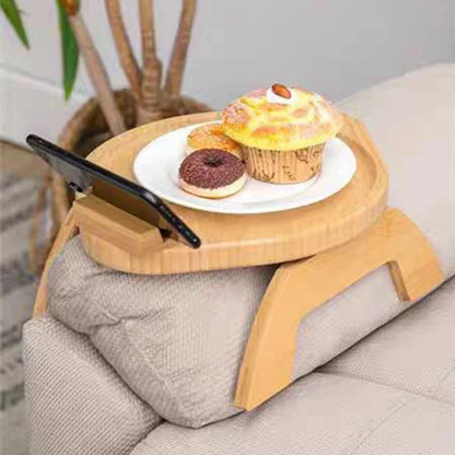 Bamboo and wood sofa armrest tray fruit Dim sum tray with mobile phone support