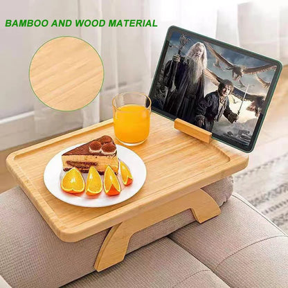 Bamboo and wood sofa armrest tray fruit Dim sum tray with mobile phone support